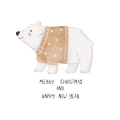 cartoon polar bear, hand drawing lettering. Colorful illustration, flat style. design for cards, print, posters, logo, cover	
