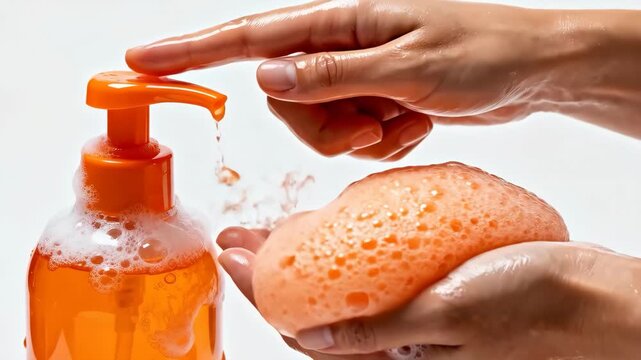 Orange soap dispenser hand pumping foam liquid soap onto sponge for gentle cleansing hygiene care