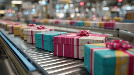 Holiday Presents on Automated Industrial Conveyor System