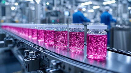 Pink liquid filled bottles on a conveyor belt in a factory