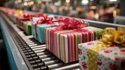 Factory Conveyor Transporting Holiday Gifts and Ribbons