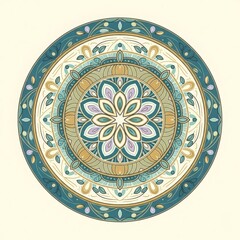 Intricate circular mandala design with floral motifs in teal orange and cream colors