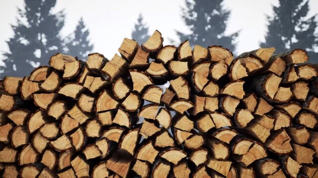 A stacked pile of chopped firewood logs with tree shadows behind, a winter scene
