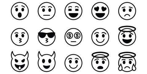 Collection of hand drawn emoji faces expressing a variety of emotions and characters