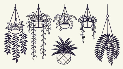 Hanging Plants Line Art Vector, CAD-Style Trailing plant in Pots Symbols for Architecture and Garden Plans © Dazzling Arts