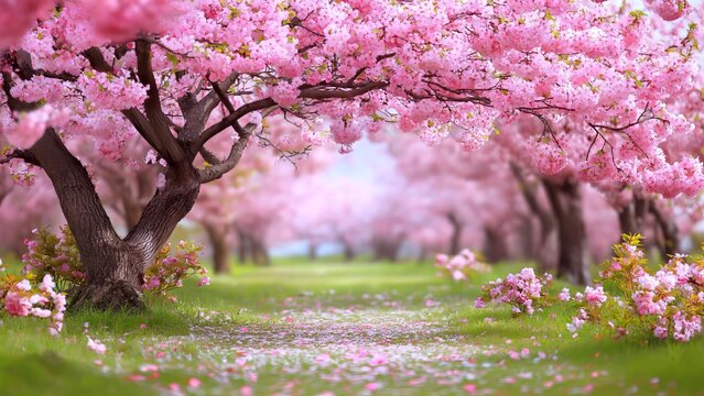 Cherry blossoms creating a romantic tunnel, with soft pink petals gently falling on the lush green grass, defining a serene path through a vibrant spring park alley - Powered by Adobe