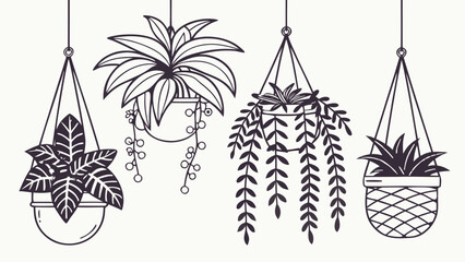 Hanging Plants Line Art Vector, CAD-Style Trailing plant in Pots Symbols for Architecture and Garden Plans