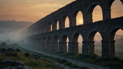 Obraz premium Roman aqueduct beside cracked highway da
