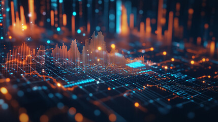 Futuristic data visualization with glowing graphs, holographic charts, and dynamic digital elements, conveying insight, analysis, and advanced technology in a sleek modern style.
