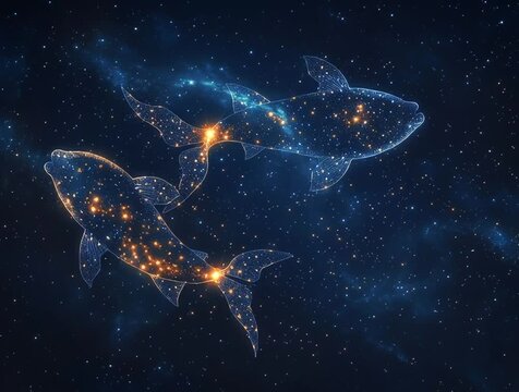 Night sky full of tiny bright stars forming two swimming fish connected by a thin glowing line, representing Pisces constellation, soft ethereal galactic clouds