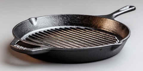 Minimalist cast iron grill pan with ridged surface and ergonomic handle for modern home cooking and kitchen design