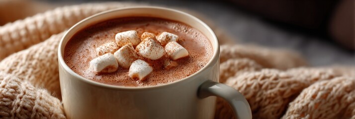 Warm cup of hot chocolate with marshmallows on cozy knit blanket