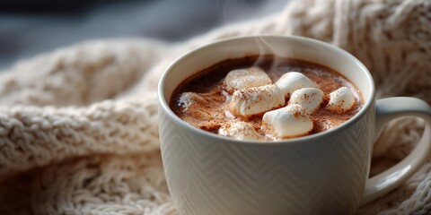 Cozy cup of hot chocolate with marshmallows on knit blanket