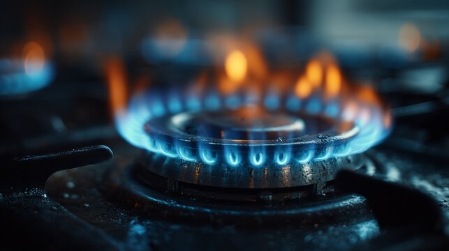 Blue gas flame on stove burner symbolizes home energy, heating, cooking, and safety in modern kitchens and energy conservation contexts