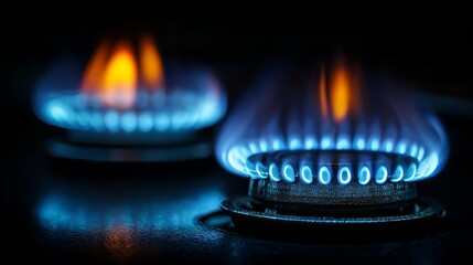 Modern kitchen energy concept with two vivid gas stove burners showing blue-orange flames in dramatic minimalistic lighting