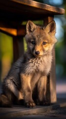 Fototapeta premium Cute fox cub sitting under a wooden table looking at the camera in the evening