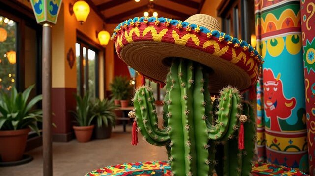 A cactus wearing a sombrero: festive mexican background for cinco de mayo celebrations
