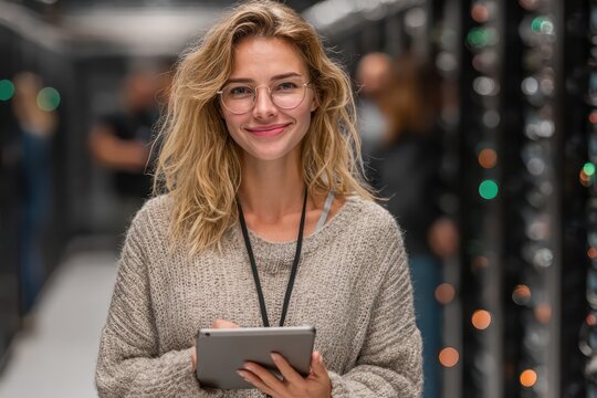 Confident Female Engineer with Tablet in Modern Data Center