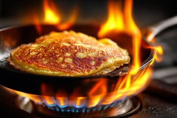 Close-up of pancake flipping in pan over open flame, highlighting dynamic cooking process and energetic kitchen atmosphere