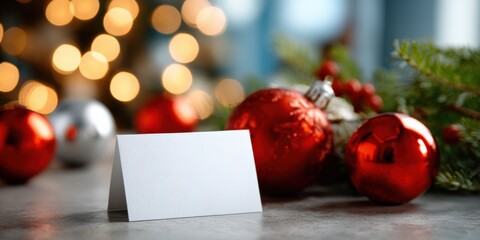 Blank card with red christmas ornaments and fir branch on festive table