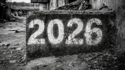 Monochrome image of weathered concrete block with painted 2023 numbers on gritty urban street, evoking themes of time, change, and city life