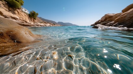 A low angle close-up of crystal clear turquoise sea water on a sunny day. Idyllic rocky coast background for summer vacation and travel concepts