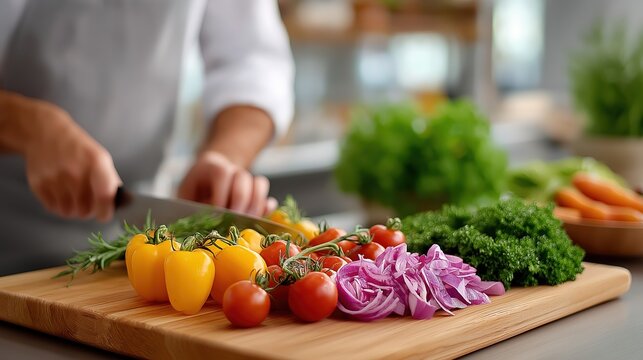 A chef prepares fresh vegetables on a wooden cutting board. Close-up of colorful ingredients for a healthy meal in a kitchen. Culinary and food preparation concept