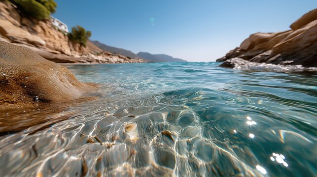 A low angle close-up of crystal clear turquoise sea water on a sunny day. Idyllic rocky coast background for summer vacation and travel concepts - Powered by Adobe