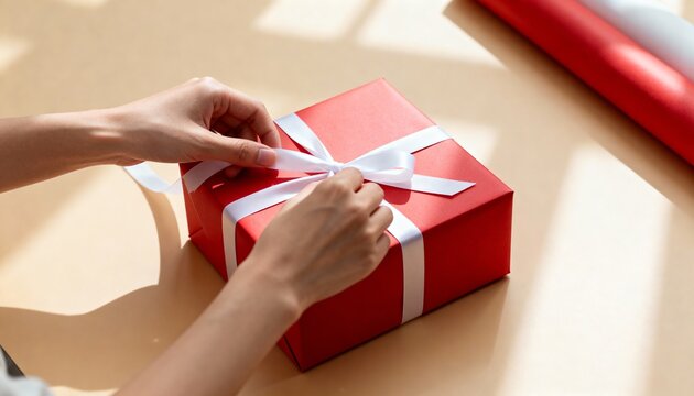 Close-up of hands tying a white ribbon on a red gift box. Preparing a present for a holiday like Christmas or a birthday