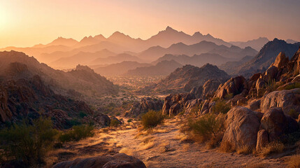 Panoramic desert mountain range glowing at golden hour, capturing warm sunlight, long shadows, rugged peaks, and a serene, atmospheric sunrise or sunset scene.
