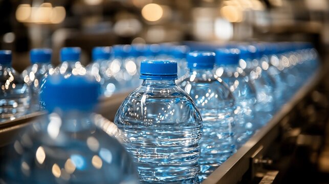Plastic water bottles on a production line  Rows of clear plastic bottles with blue caps moving along a conveyor belt in a factory