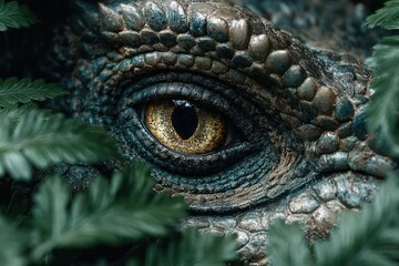 Fototapeta premium Lizard-like Dinosaur Eye Peeking Through Jungle Leaves