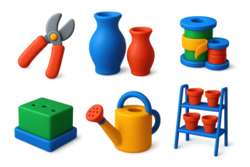 Set of six colorful plastic objects, including a pair of scissors, a vase