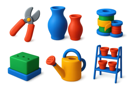 Set of six colorful plastic objects, including a pair of scissors, a vase