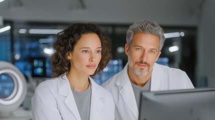 Male and female scientists collaborating in a high-tech research laboratory. Professional colleagues analyzing data on a computer screen. Teamwork and medical innovation concept