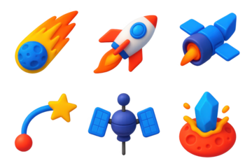 Interstellar Icon Set. 3D icon set of interstellar travel themes: comet flyby, spacecraft trail, starship engine, navigation path,
