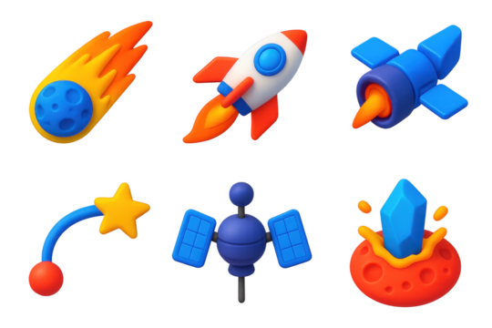 Interstellar Icon Set. 3D icon set of interstellar travel themes: comet flyby, spacecraft trail, starship engine, navigation path,