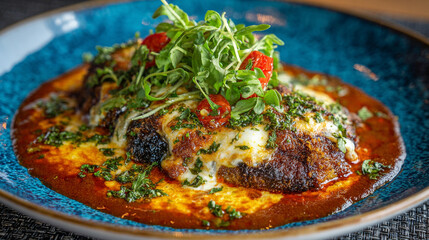 Delicious eggplant parmesan served on a plate with melted cheese, rich tomato sauce, and fresh herbs creating a hearty Italian dish representing comfort food, gourmet cuisine, and culinary art