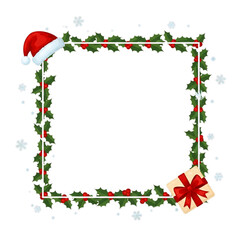 Square frame made of holly and pine decorated with ribbons and snow.