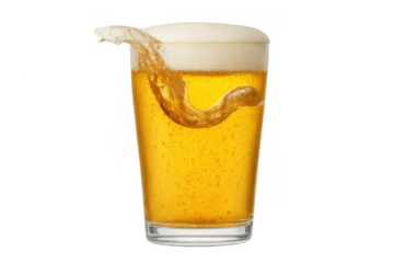Golden beer splashing in a glass, creating foam over yellow liquid, offering a crisp, refreshing, cold drink, transparent background