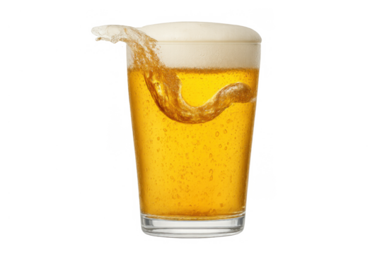 Golden beer splashing in a glass, creating foam over yellow liquid, offering a crisp, refreshing, cold drink, transparent background