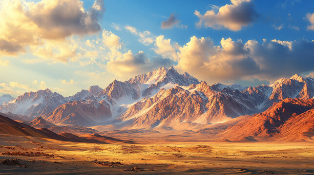 Panoramic desert mountain range glowing at golden hour, capturing warm sunlight, long shadows, rugged peaks, and a serene, atmospheric sunrise or sunset scene.