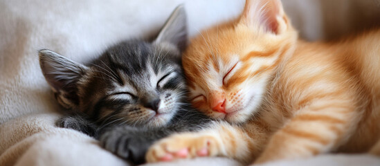Two cute pet kittens cuddling and sleeping together