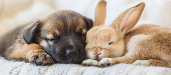 A cute pet puppy and bunny sleeping together