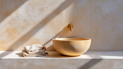 Wabi-sabi style bathroom with a natural stone sink and brass faucet. Minimalist interior design with textured plaster walls and sunlight shadows. Spa and wellness concept