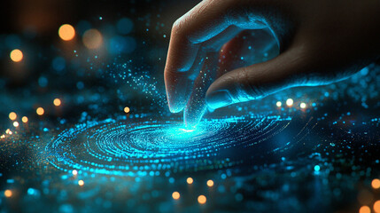 A digital contract is signed as glowing light particles gather around the document, symbolizing trust, authentication, innovation, and the seamless connection between human action and advanced technol