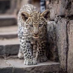 Naklejka premium A young leopard cub walking down stone steps in a natural habitat setting