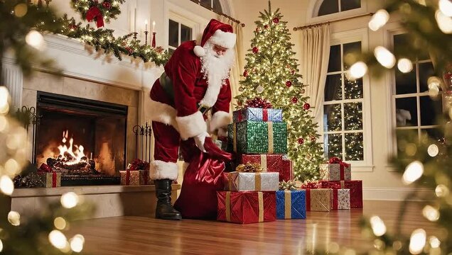 Authentic santa clause leaving christmas gifts near fireplace and christmas tree - chritmas spirit, traditions, holidays and celebrations concept 4k footage