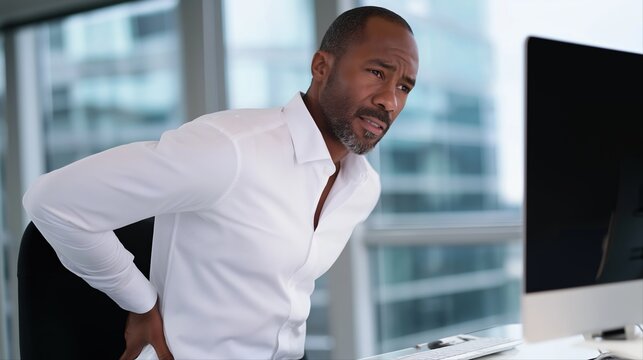 African male adult experiencing back pain at office desk in modern setting