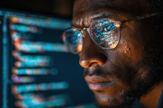 Black Programmer Working Late in Tech Office at Night